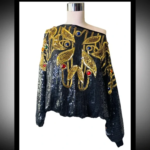 Vintage‎ 80's Silk, Sequin and Rhinestone Creative Creations Disco Glam Blouse - Picture 9 of 14